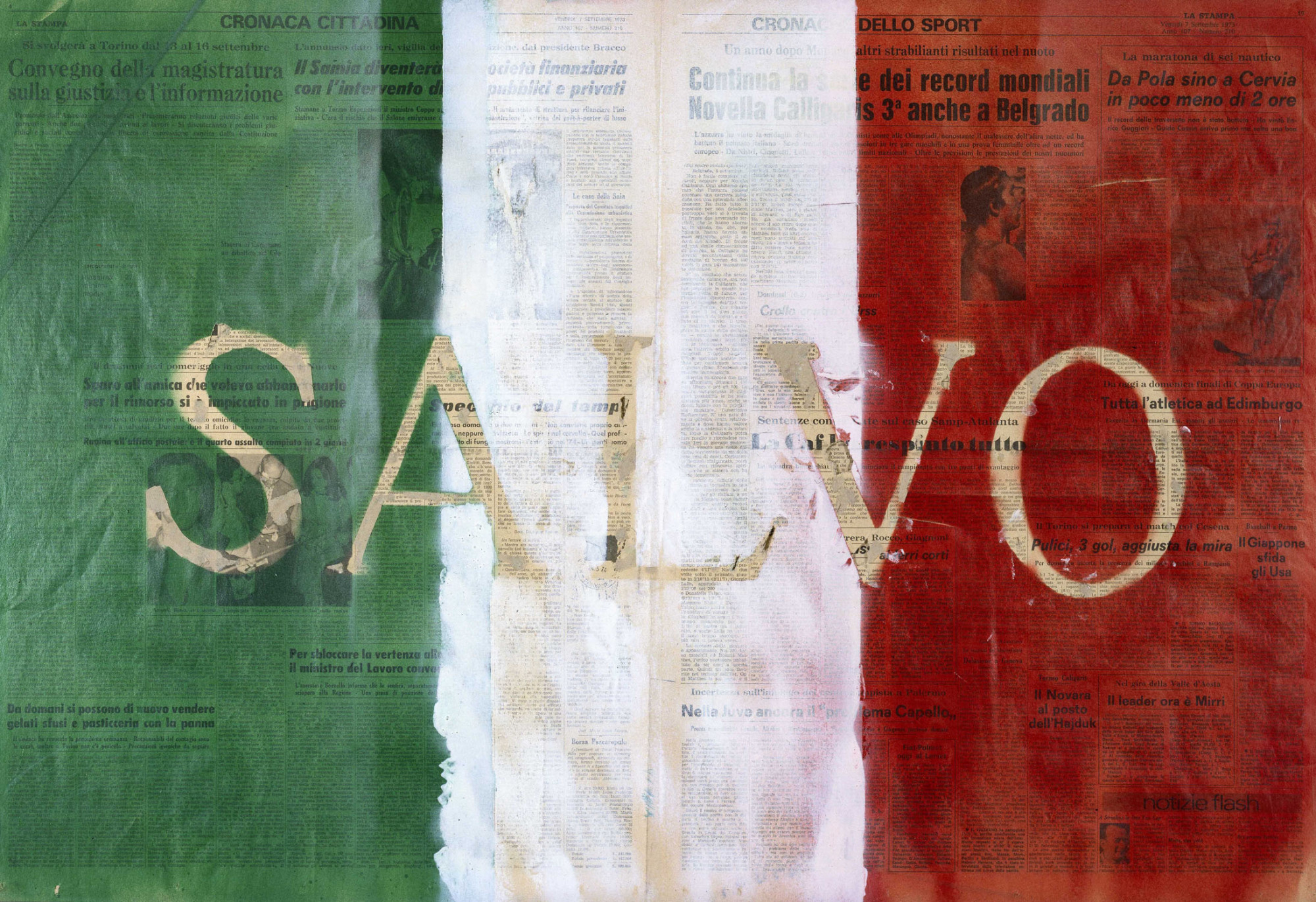 13- Tricolore, 1973, pittura spray su carta di giornale, 59 x 85 cm