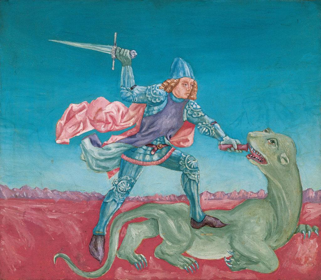 San Giorgio e il Drago, 1974, olio su tavola, 63 x 79 cm