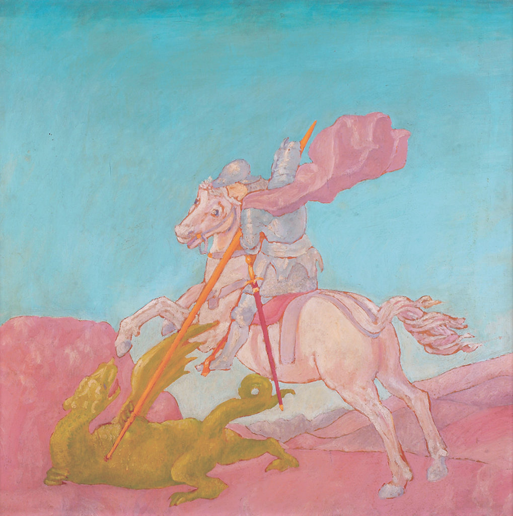 San Giorgio e il drago da Raffaello, 1974, olio su tavola, 70 x 70 cm