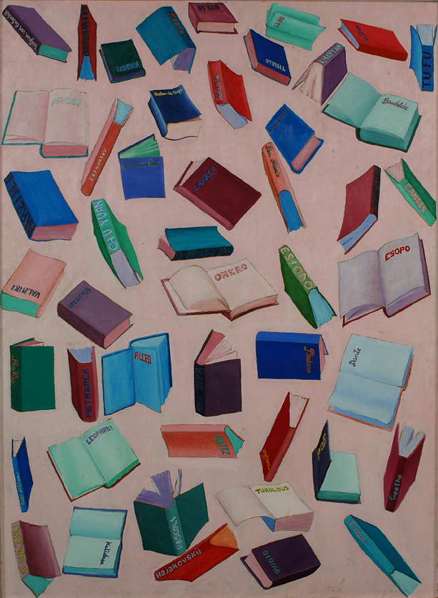 48 poeti, 1975, olio su tavola, 50 x 100 cm